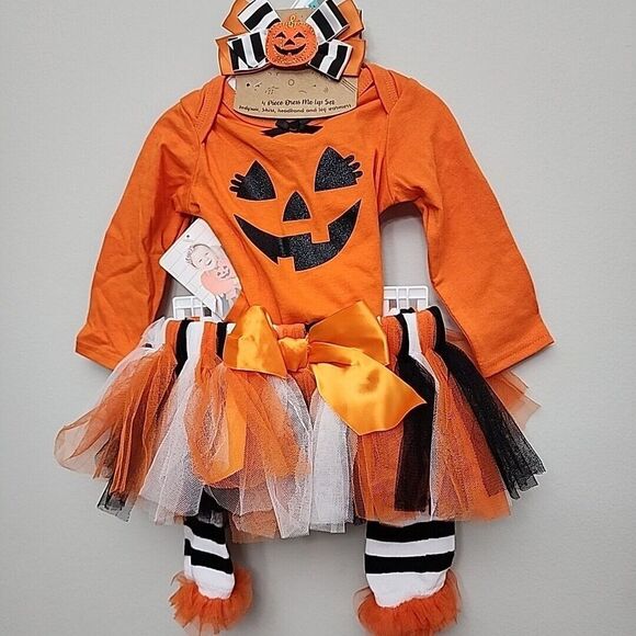 Baby pumpkin‎ 4 Pc Fall/Halloween Set: Skirt Tutu Bow Top Leg warmers 6 Month - Picture 1 of 9